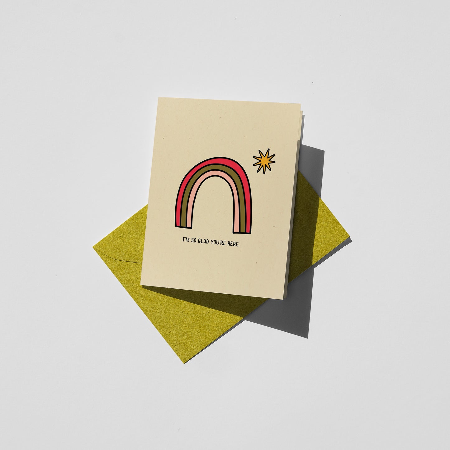 I'm so glad you're here. Digitally printed greeting card.
