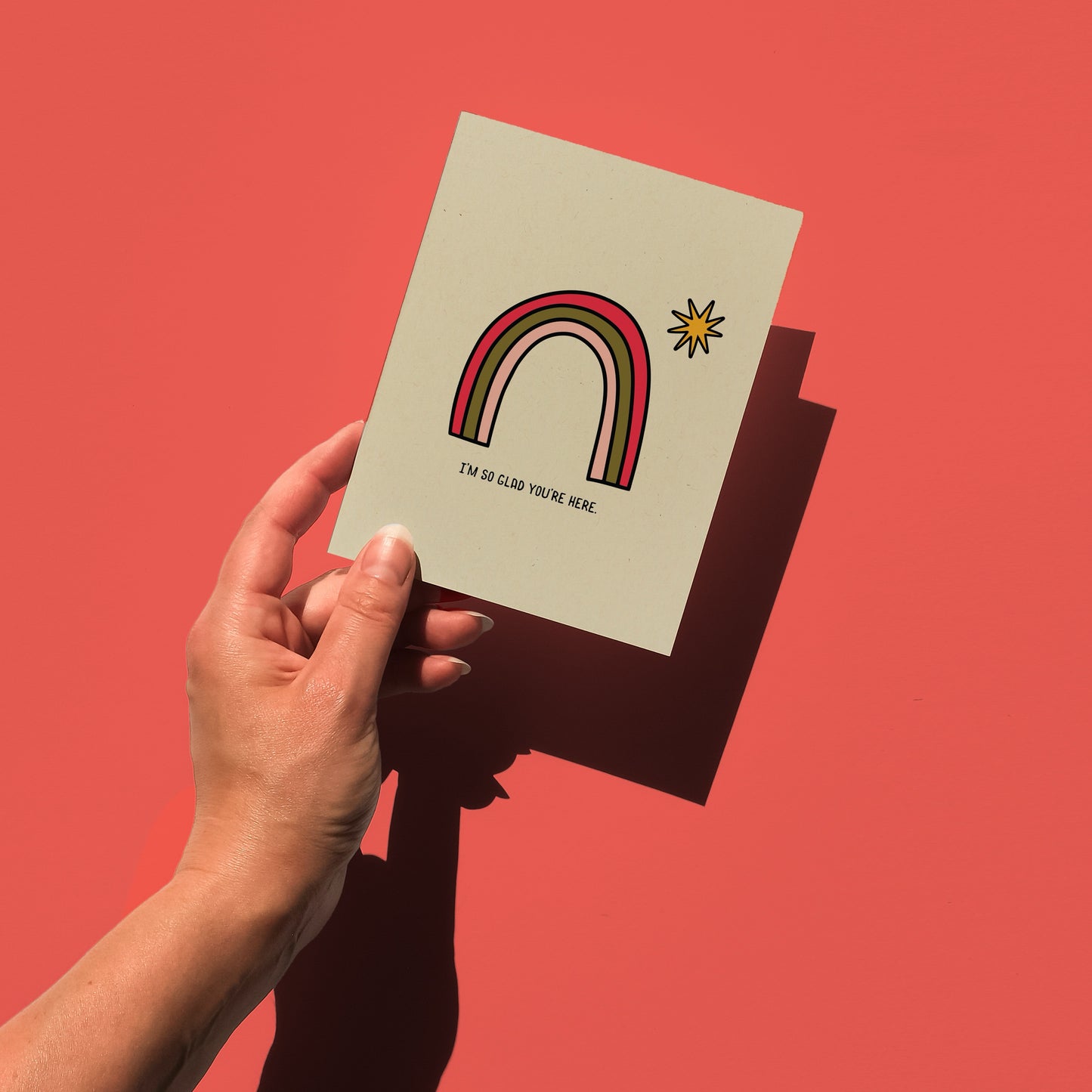 I'm so glad you're here. Digitally printed greeting card.